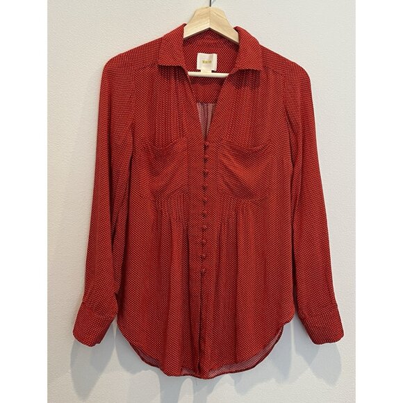 Anthropologie Maeve Shirt Small Blouse Polka Dot Matilda Red Long Sleeve - Picture 5 of 13